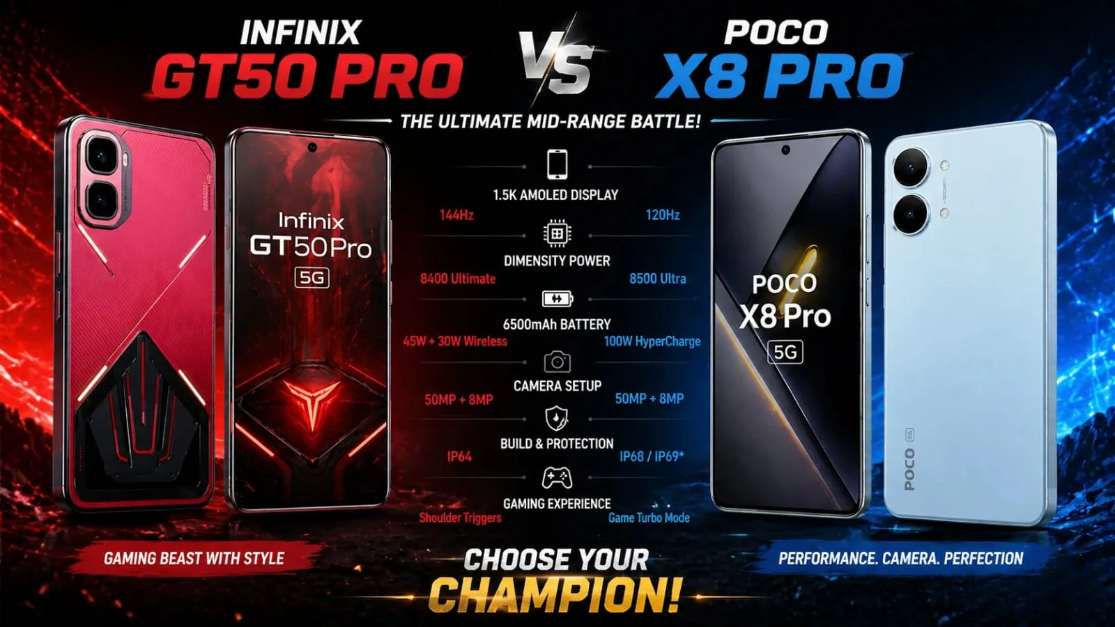 Infinix GT50 Pro vs POCO X8 Pro mid-range smartphone comparison feature image