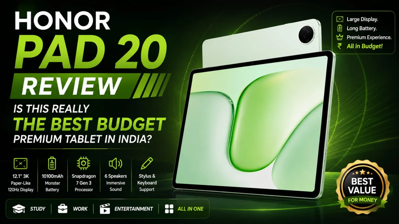 Honor Pad 20 premium tablet feature image with 12.1-inch display and stylish design