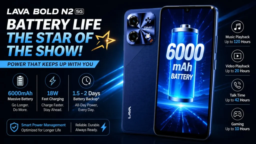 Lava Bold N2 5G battery with long-lasting 6000mAh power