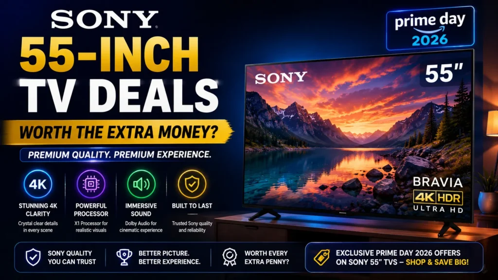 Sony 55-inch smart TV showcasing premium features and Prime Day savings