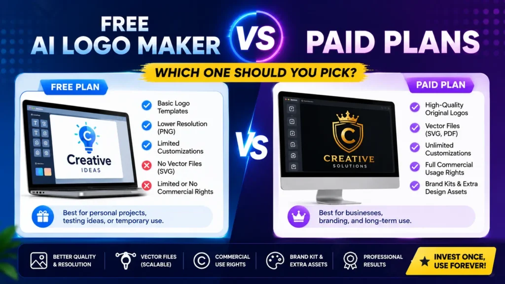 Comparison between free AI logo maker and paid logo plans