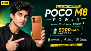 POCO M8 Power launch poster with 8000mAh battery.