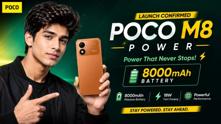 POCO M8 Power launch poster with 8000mAh battery.