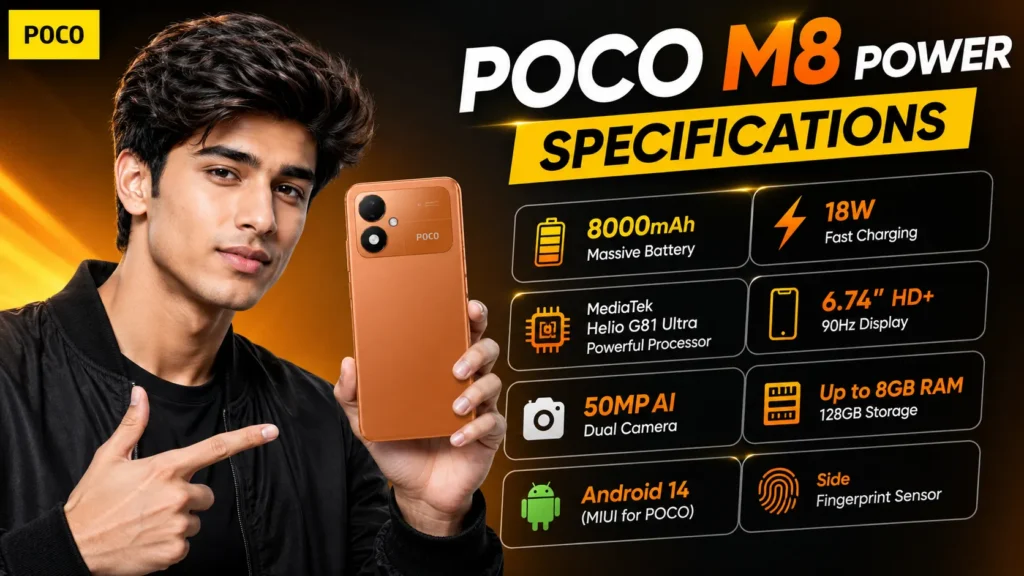 POCO M8 Power specifications poster.