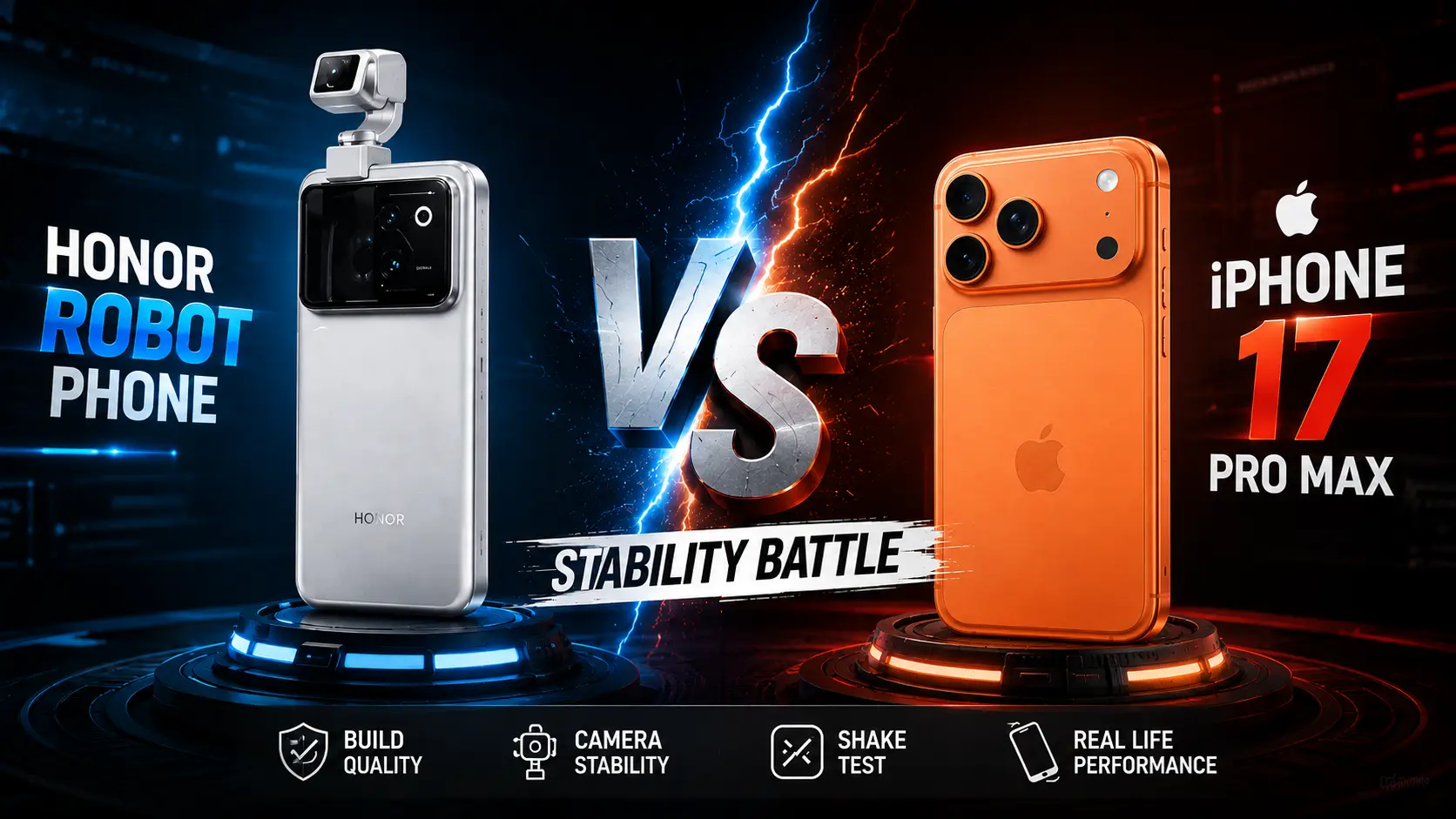 Honor Robot Phone vs iPhone 17 Pro Max stability comparison.