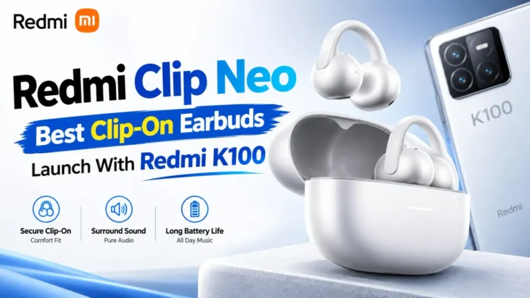 Redmi Clip Neo clip-on earbuds with charging case and Redmi K100 smartphone.